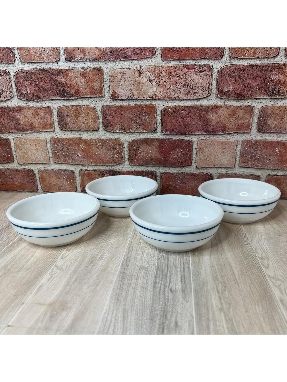 (4) Vintage Pyrex Bowl 705-2 Milk Glass  Teal Blue Stripes Tableware Corning